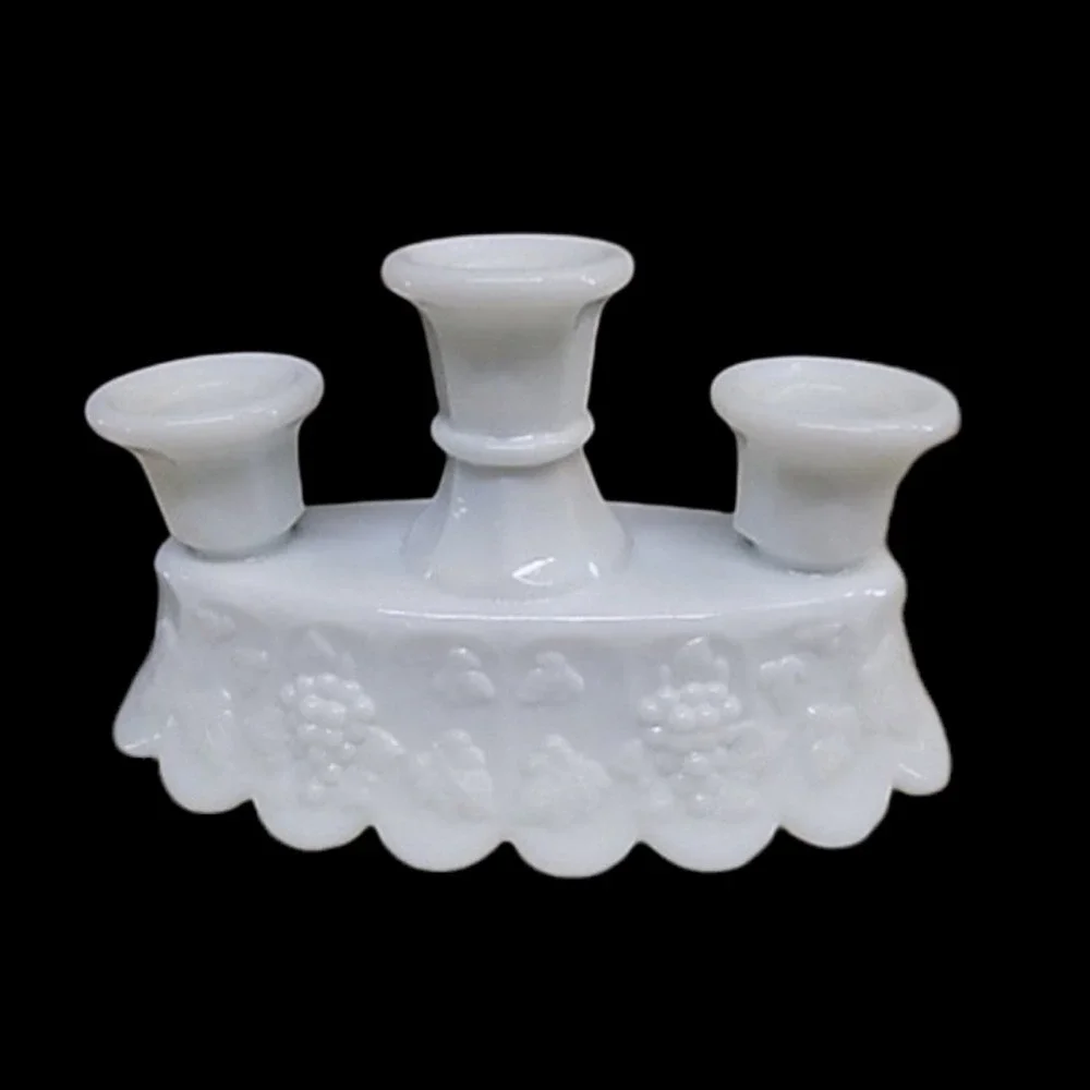 Westmoreland‎ Milk Glass Grape Triple Candelabra Pair Scalloped Base Set 2